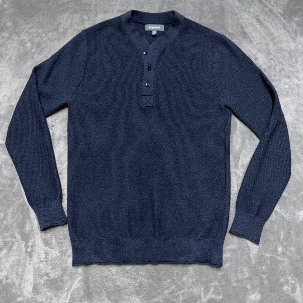 Bonobos Henley Sweater Mens Medium‎ Navy Blue Merino Wool Slim Fit Preppy